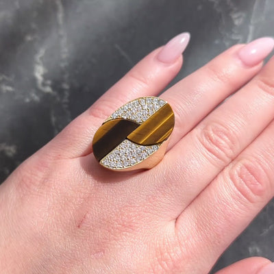 Bvlgari 1970's Diamond Tiger's Eye Quartz 18 Karat Yellow Gold Vintage Ring