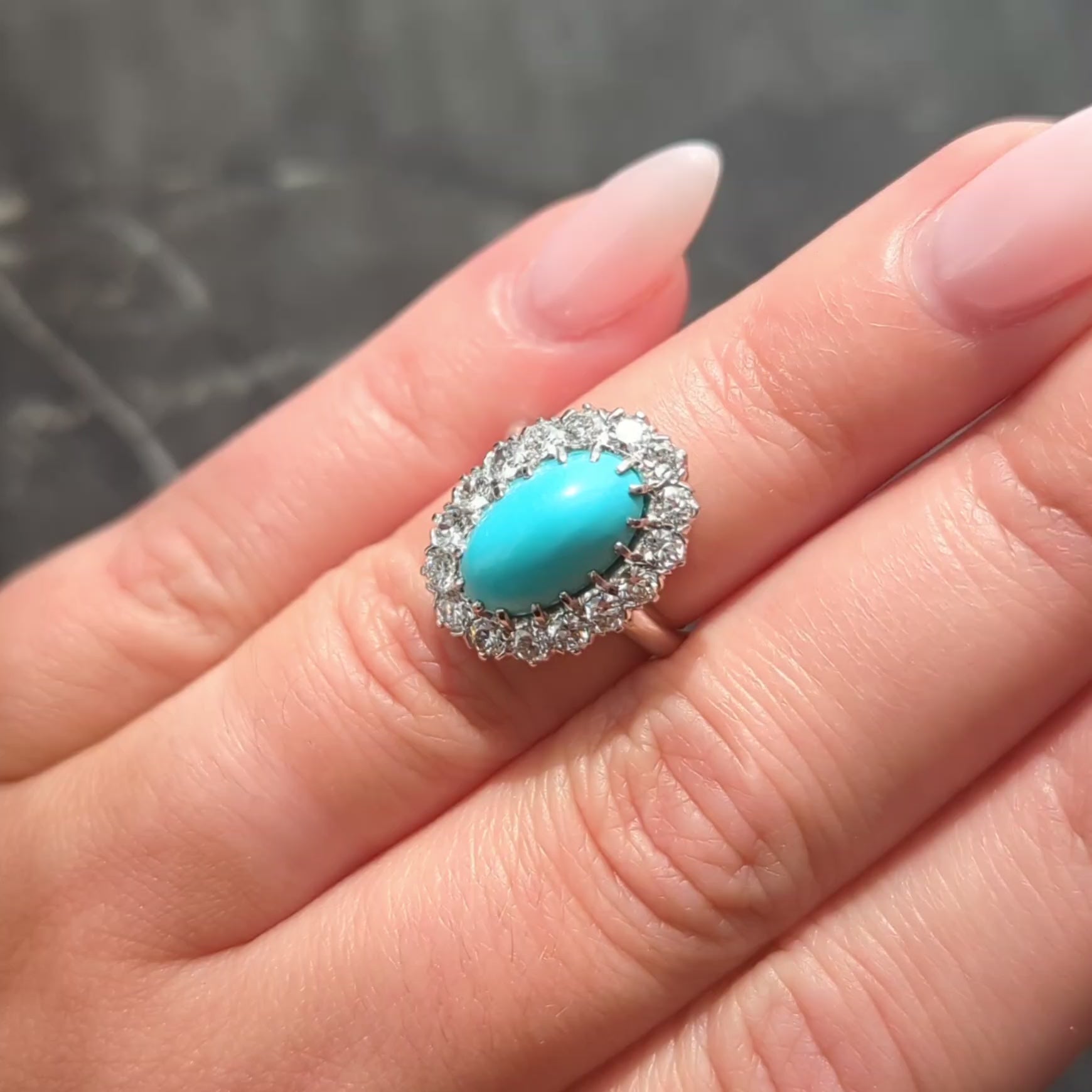 Art Deco 1.12 CTW Turquoise Cabochon Diamond Platinum Vintage Halo Ring