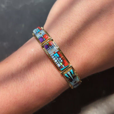 Gary Arviso 1970's Multi-Gem 14 Karat Gold Vintage Geometric Inlay Bracelet