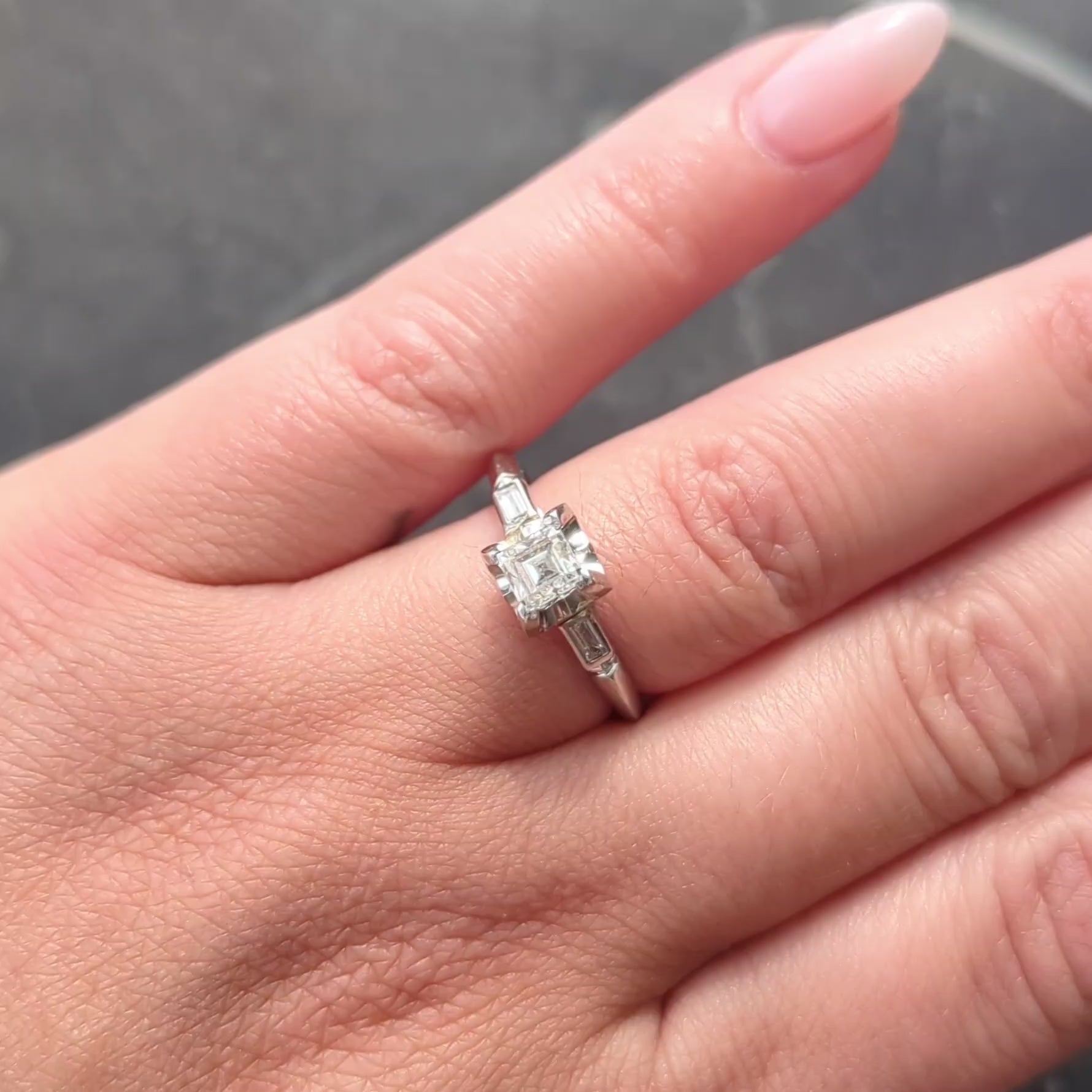 Mid-Century 0.70 CTW Carré Cut Diamond Platinum Vintage Engagement Ring