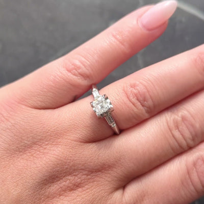 Mid-Century 0.70 CTW Carré Cut Diamond Platinum Vintage Engagement Ring