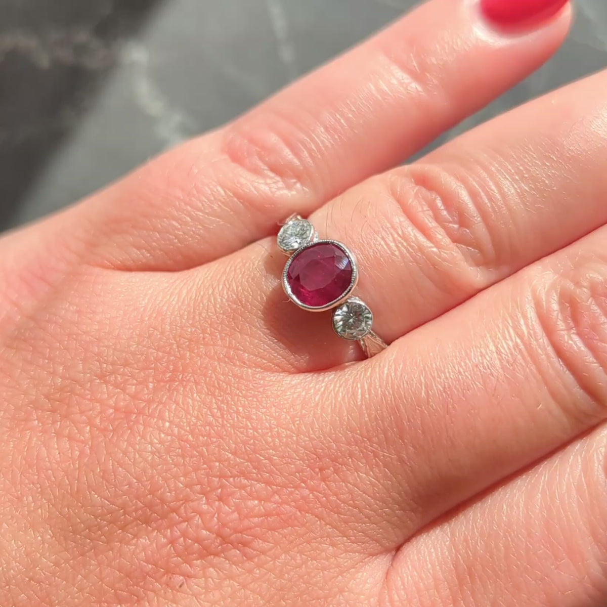 Contemporary 1.53 CTW Ruby Diamond Platinum Three Stone Ring
