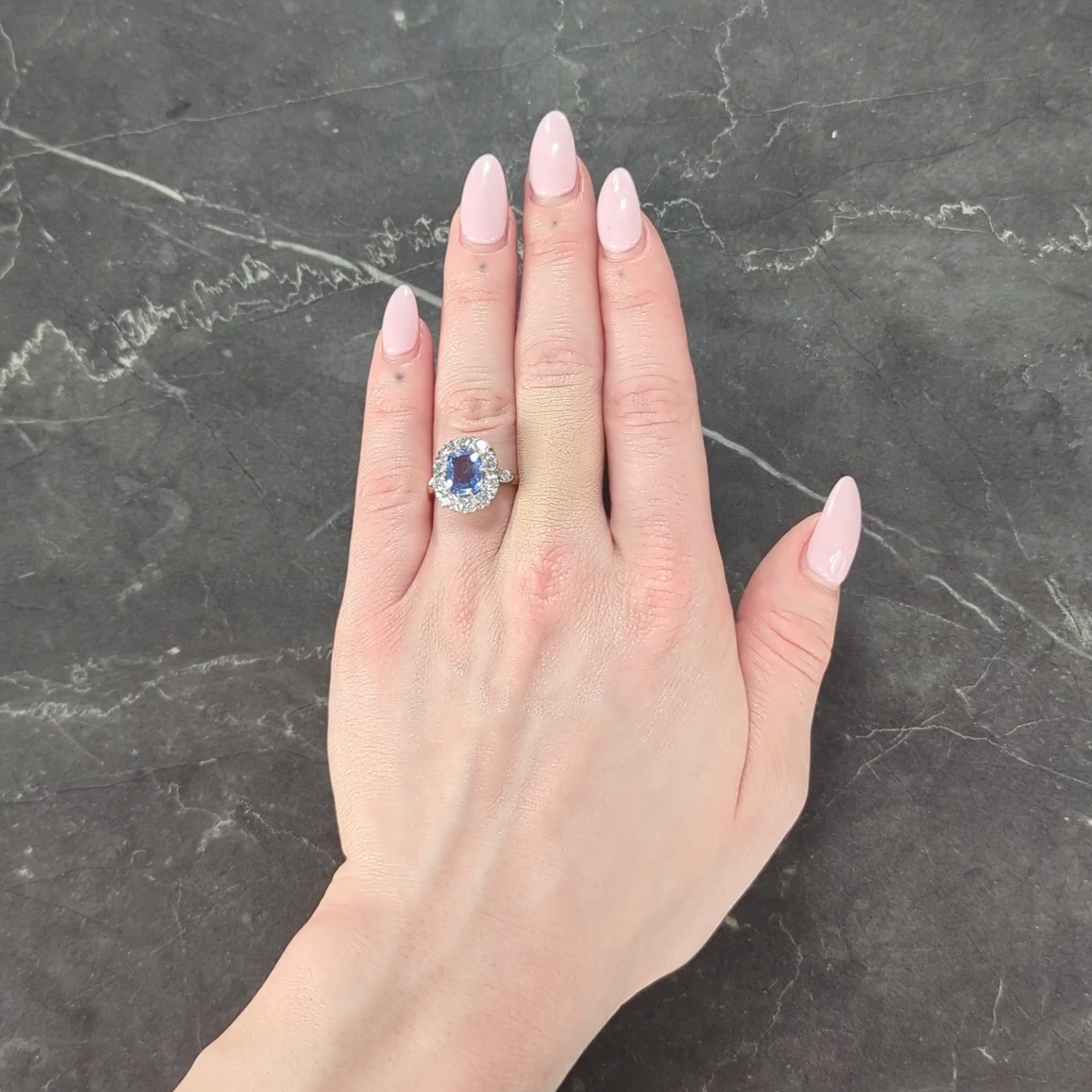 Edwardian No Heat Ceylon Sapphire Diamond Platinum 14K Antique Halo Ring GIA