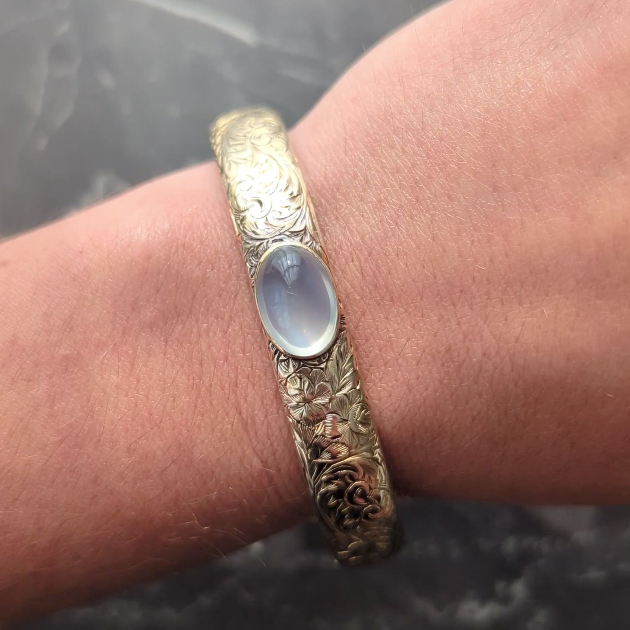 Wordley Allsopp & Bliss Art Deco Moonstone 14K Gold Antique Bangle Bracelet