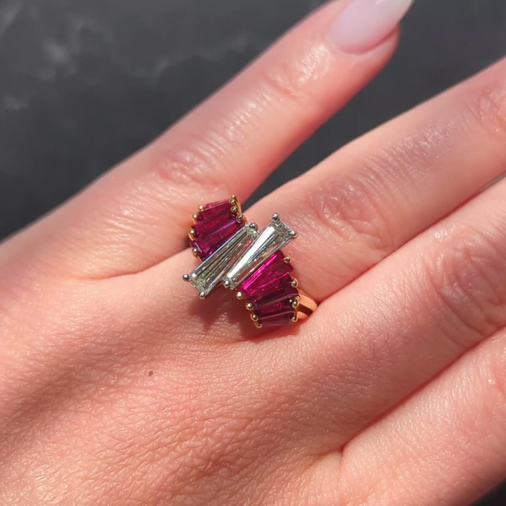 Oscar Heyman 1980's Diamond Ruby 18K Yellow Gold Platinum Vintage Bypass Ring