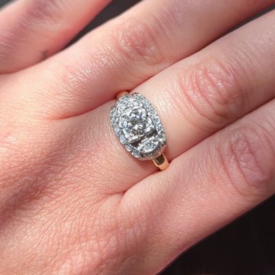 Retro European Diamond 18K Yellow Gold Platinum Vintage Fishtail Engagement Ring