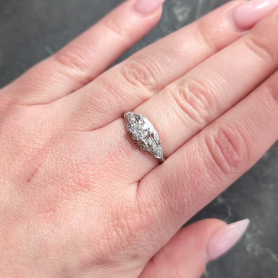 Art Deco Old European Diamond 18K Gold Vintage Scrolling Leaf Engagement Ring