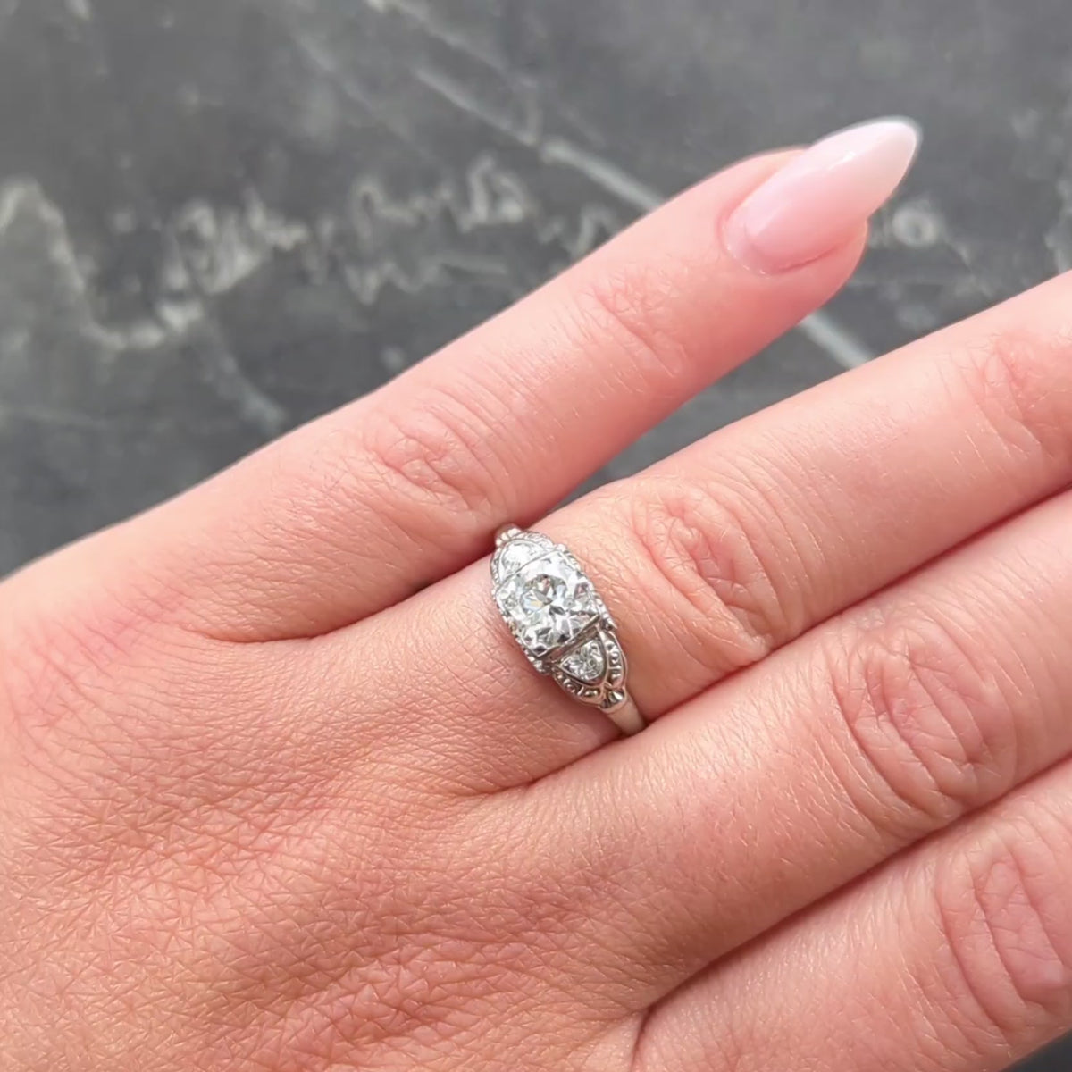 Retro 0.95 CTW Transitional Cut Diamond 14K White Gold Vintage Engagement Ring