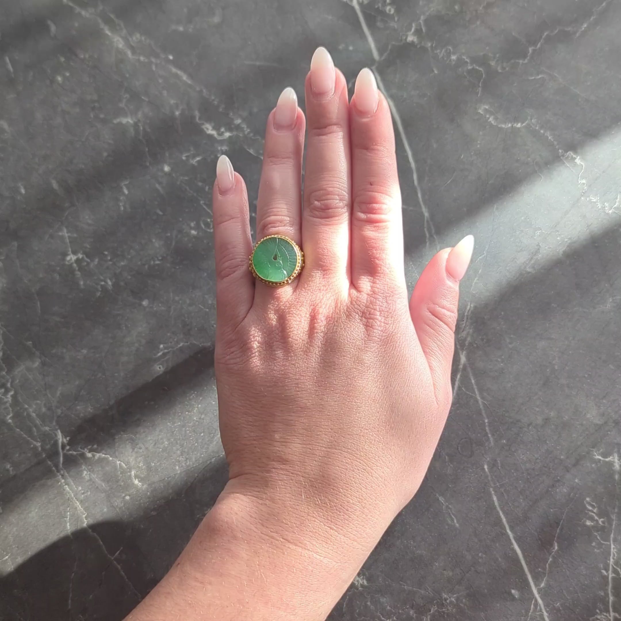 Etruscan Revival Victorian Jade 14K Gold Antique Granulated Crane Signet Ring