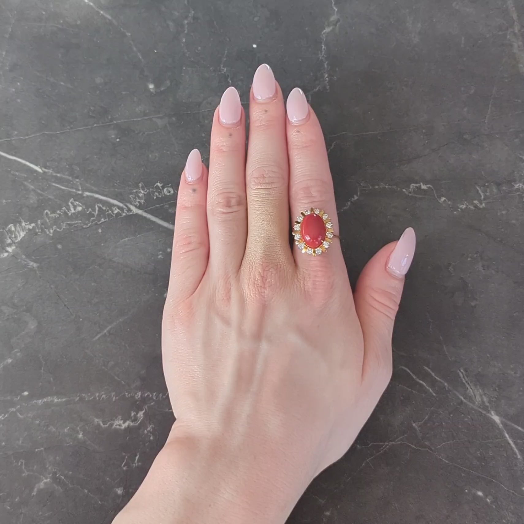 1970's Diamond Coral 18 Karat Yellow Gold Vintage Halo Ring