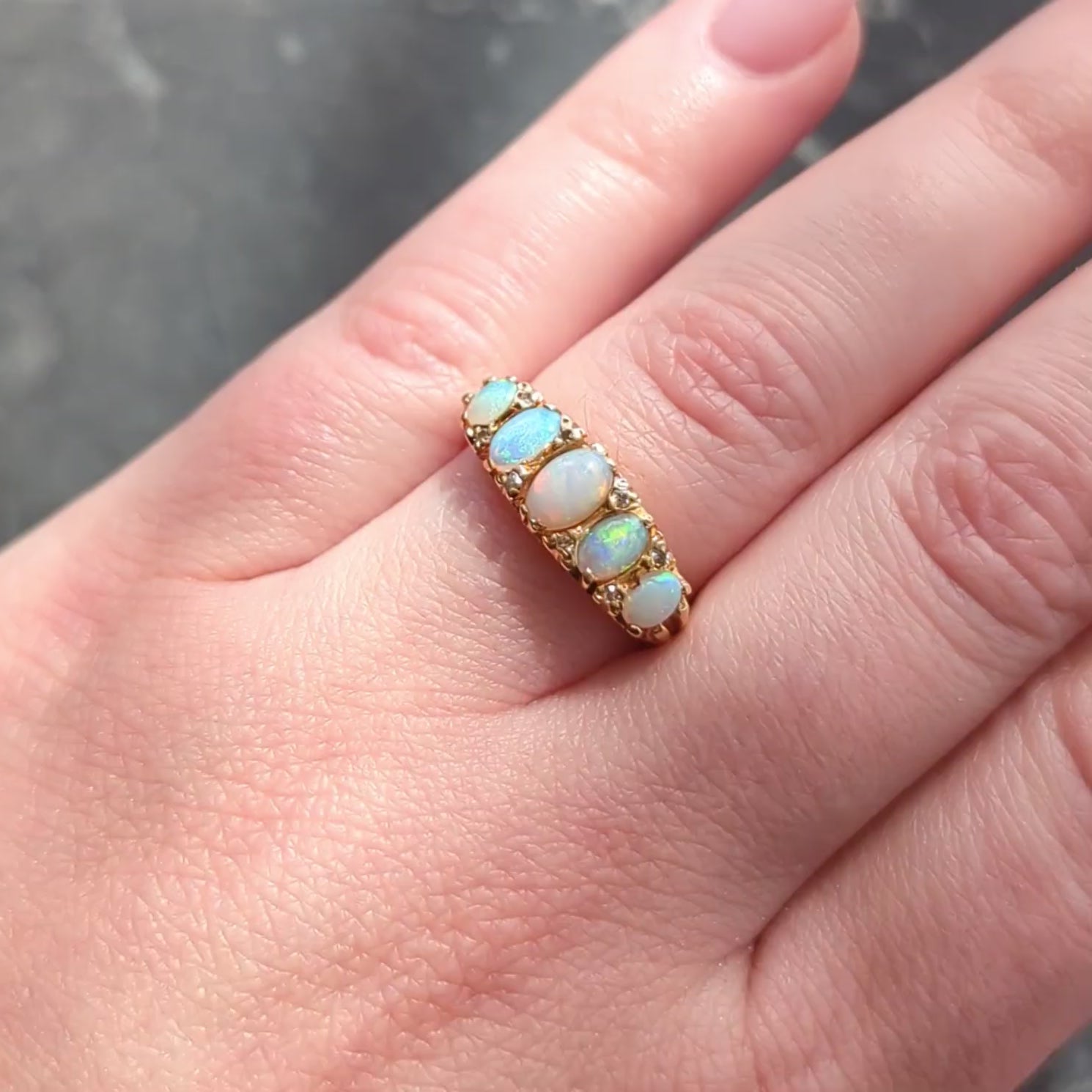 Art Nouveau Opal Diamond 18 Karat Yellow Gold Scrolling Antique Band Ring