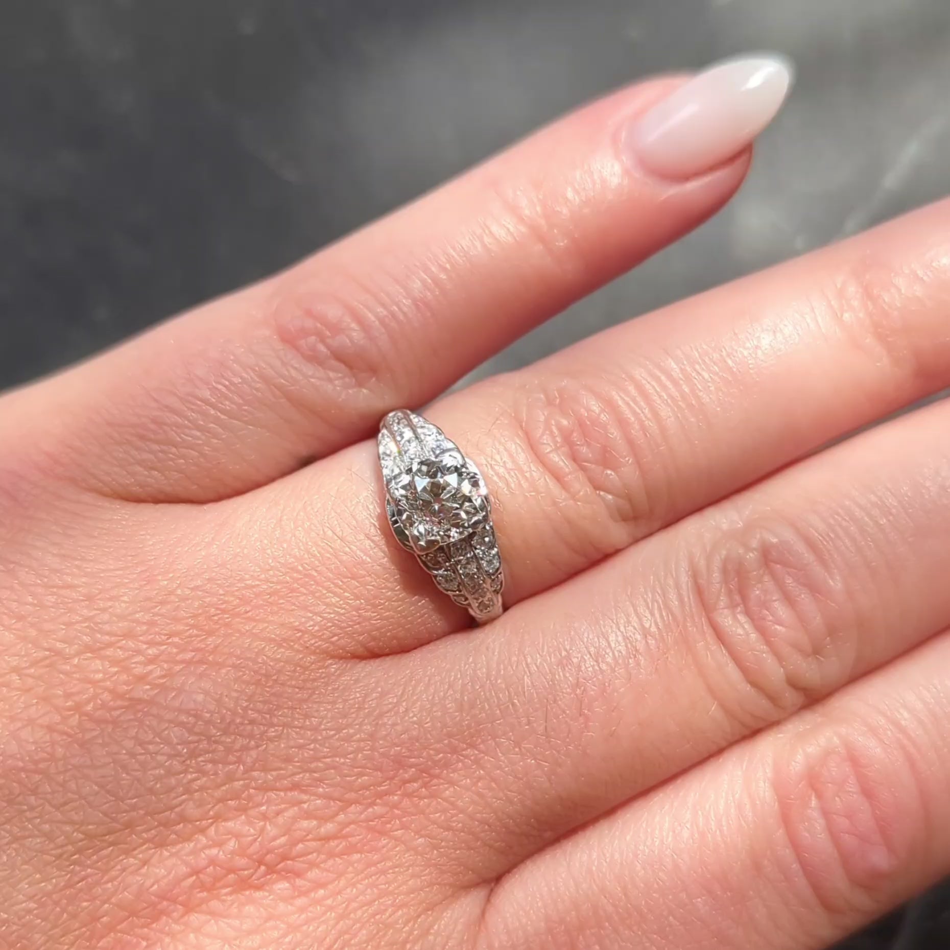 Art Deco Old European Diamond Platinum Square Stepped Vintage Engagement Ring