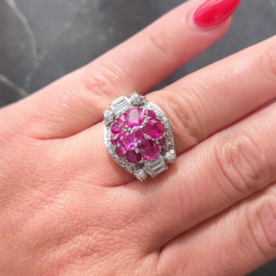 Mid-Century 5.29 CTW Ruby Diamond Platinum Vintage Scrolling Cluster Ring