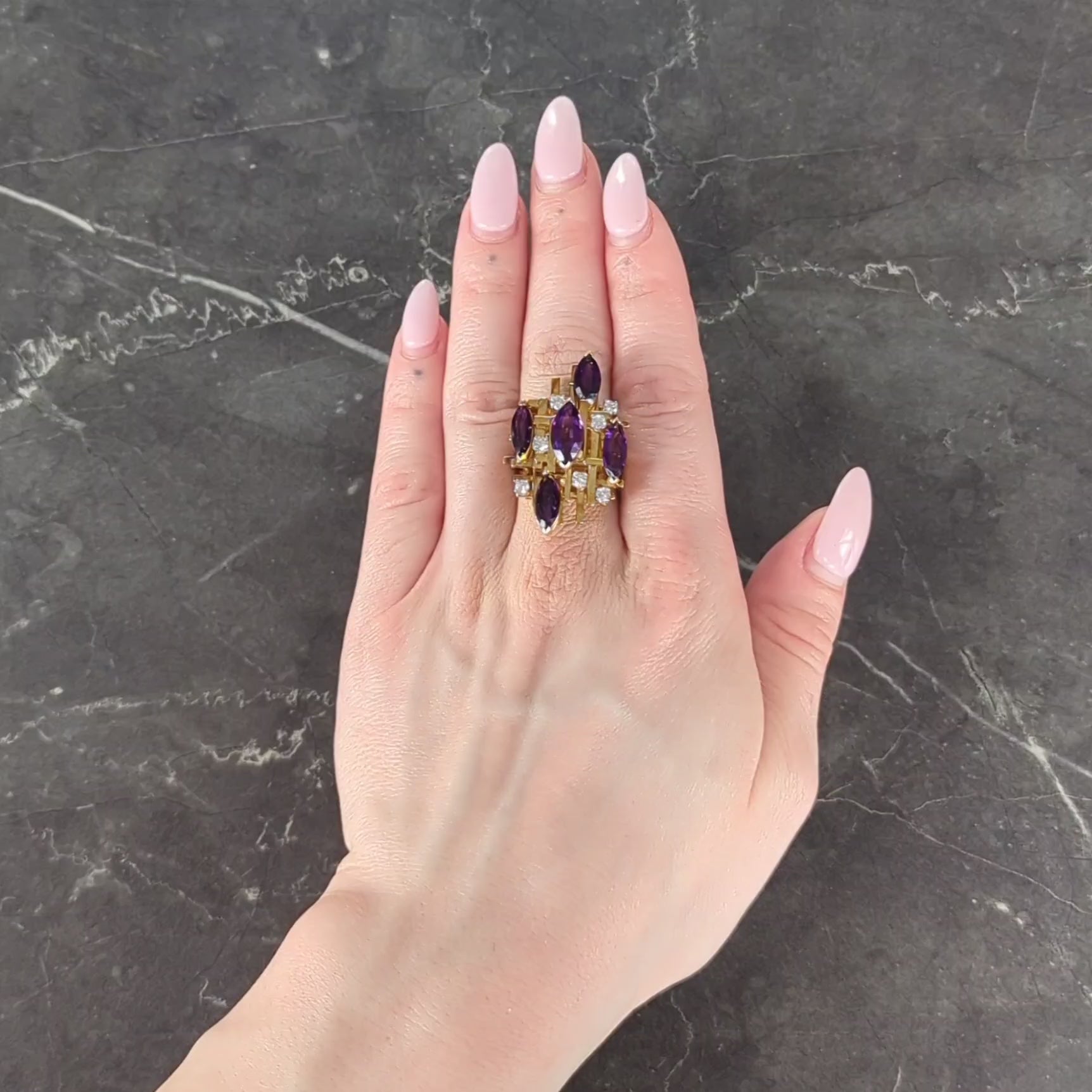 Henry Dunay Modernist Diamond Amethyst Platinum 18K Vintage Gold Cocktail Ring
