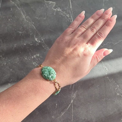 Tiffany & Co. Art Deco Carved Jade 14K Gold Antique Floral Link Bracelet