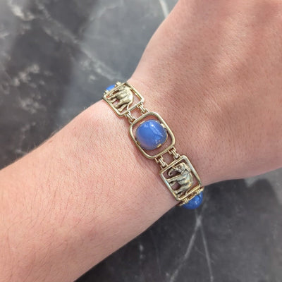 Carter Gough & Co. Art Deco Blue Chalcedony 14K Gold Vintage Elephant Bracelet