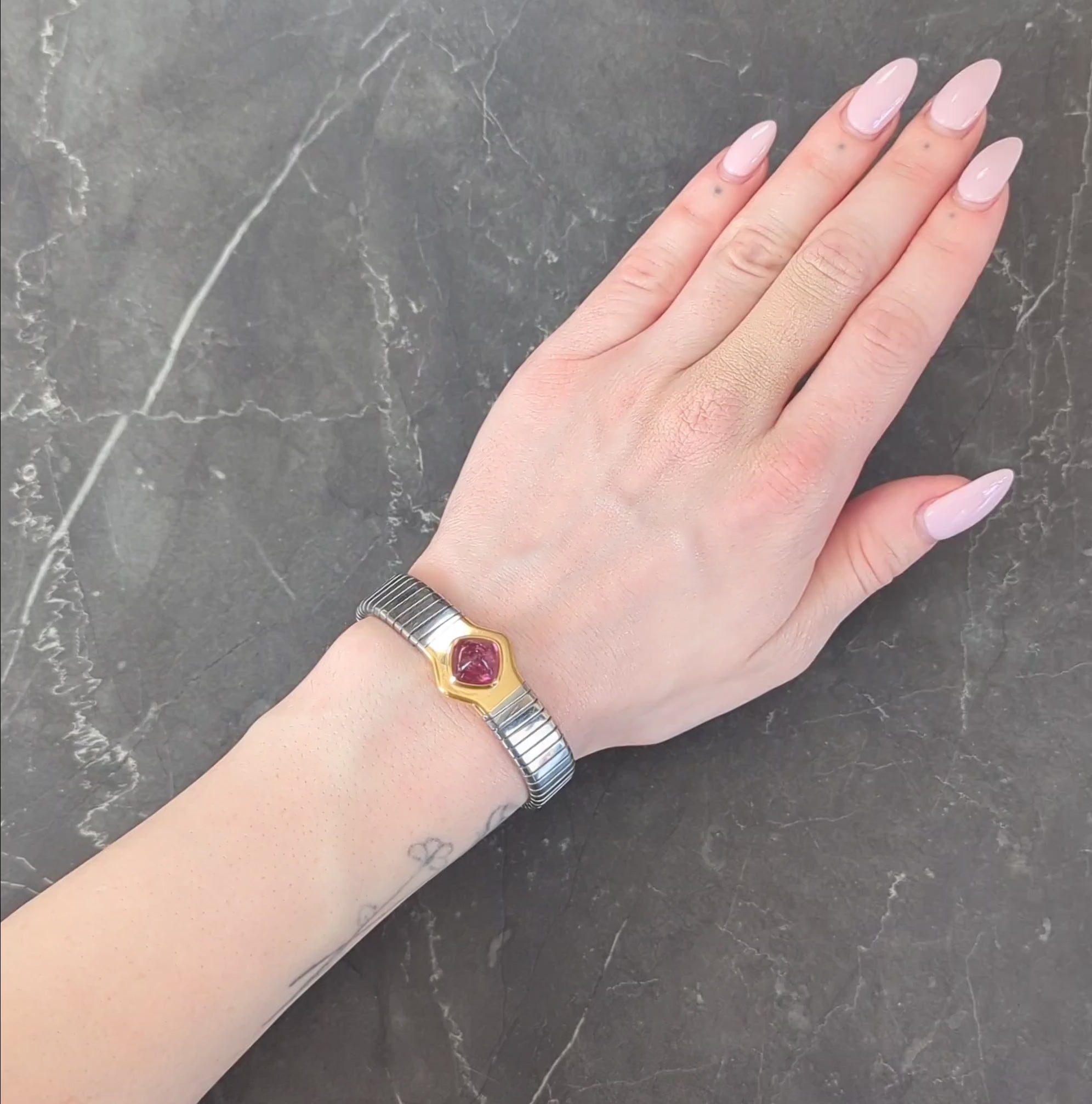 Bulgari 1990s Pink Tourmaline 18K Gold Steel Tubogas Vintage Cuff Bracelet