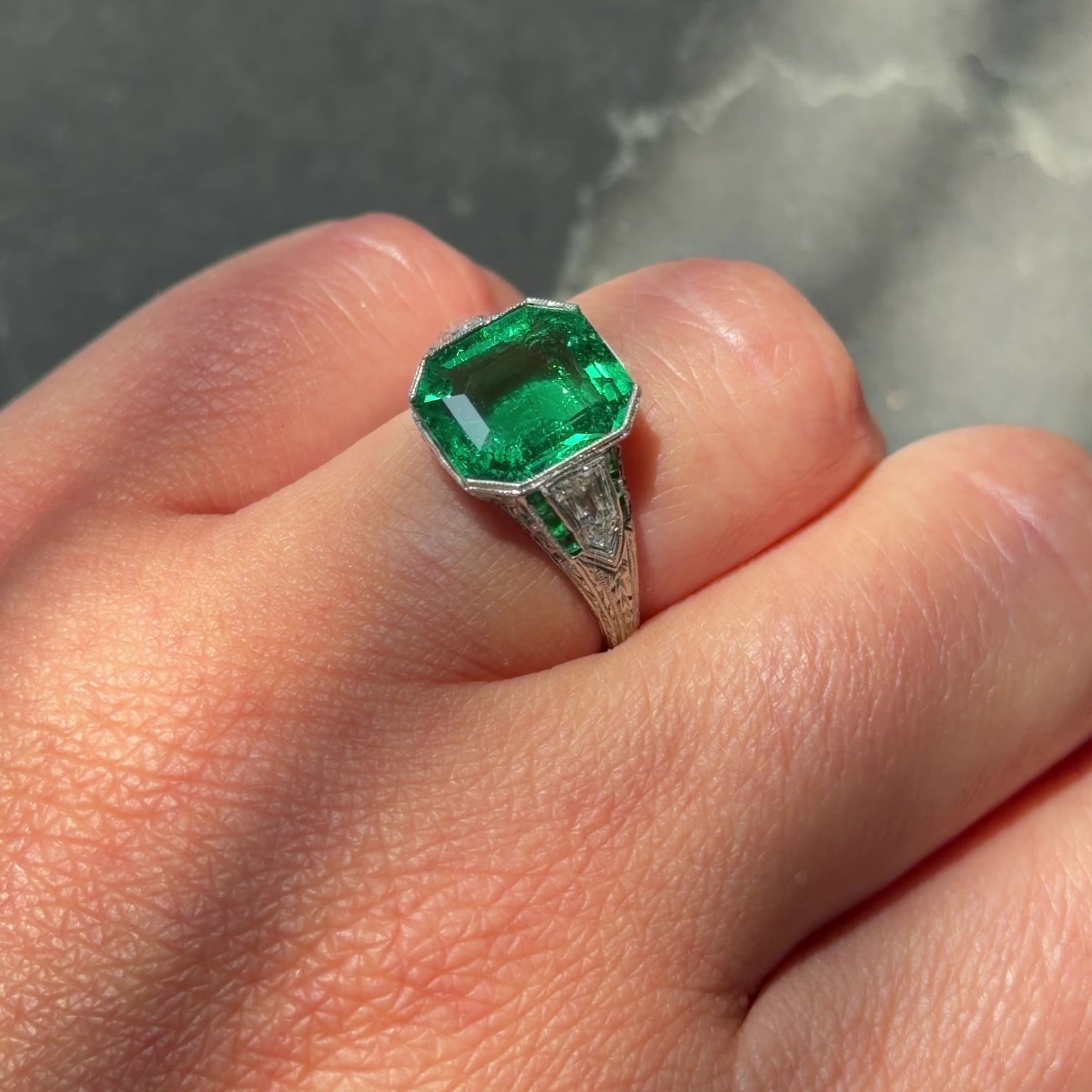 Art Deco 3.57 CTW Colombian Emerald Diamond Platinum Vintage Wheat Ring AGL