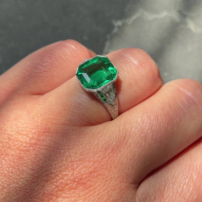 Art Deco 3.57 CTW Colombian Emerald Diamond Platinum Vintage Wheat Ring AGL