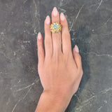 1960's French Sapphire Diamond Turquoise Platinum 18 Karat Yellow Gold Cactus Flower Ring