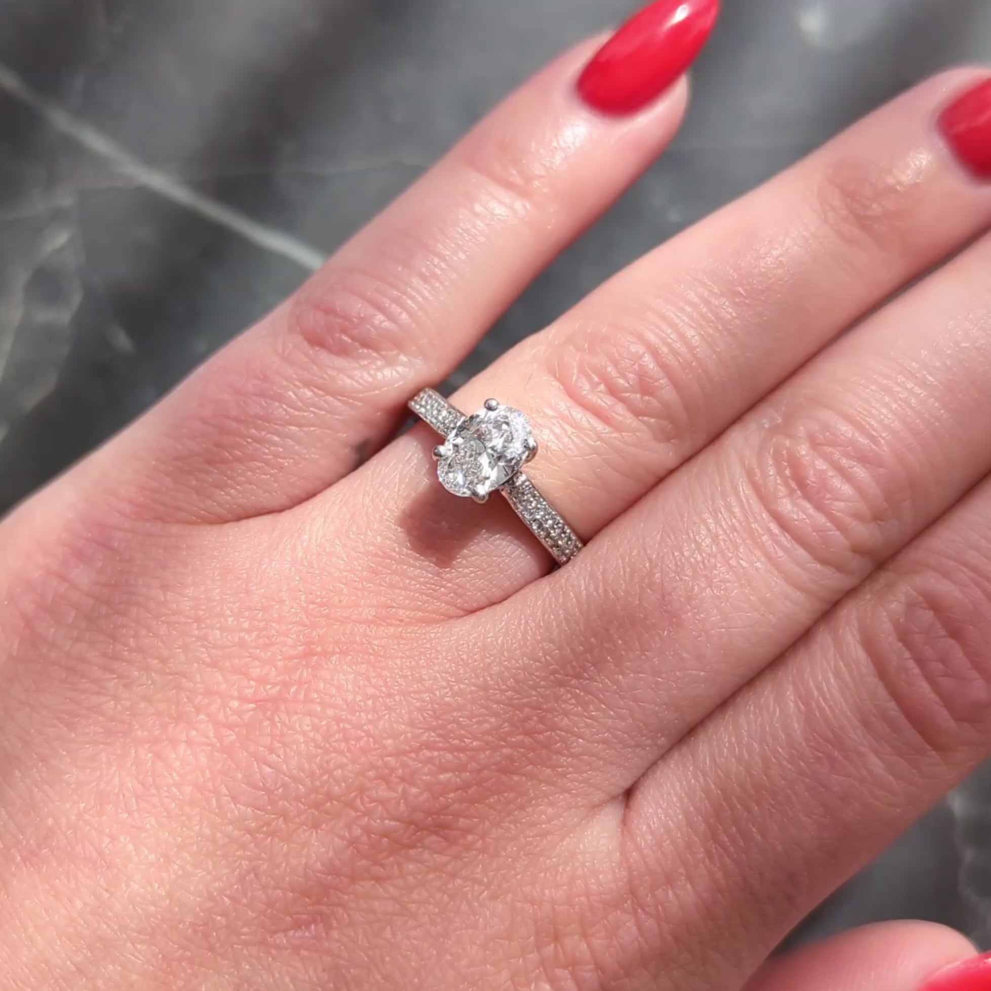 Contemporary Oval Cut 1.26 CTW Diamond Platinum Pavé Engagement Ring GIA