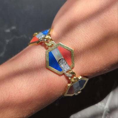 Bulgari Stars and Stripes 1970's Diamond Coral Lapis 18K Gold Vintage Bracelet