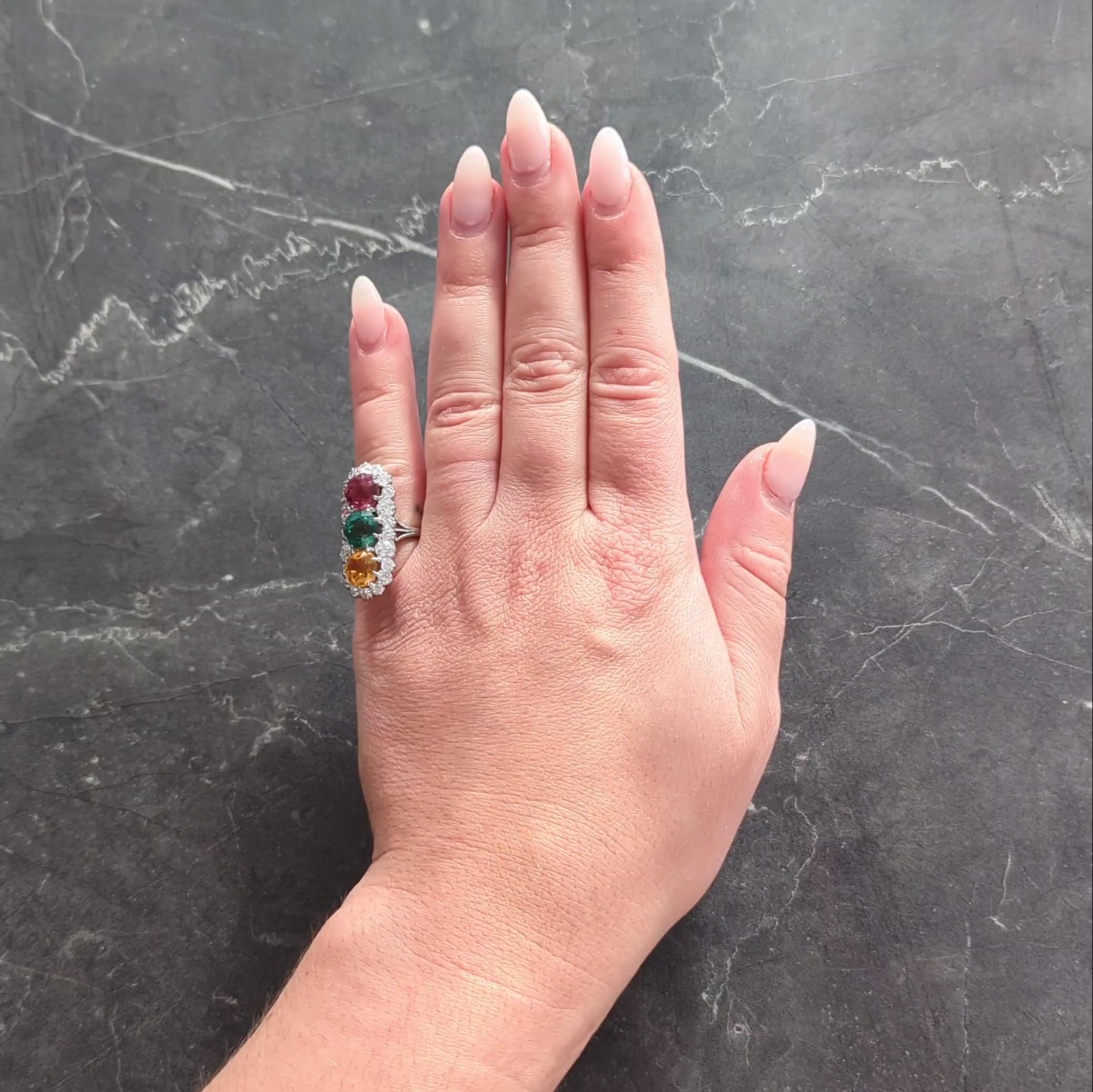 Art Deco Tri-Color Tourmaline Topaz Diamond Platinum Vintage Dinner Ring