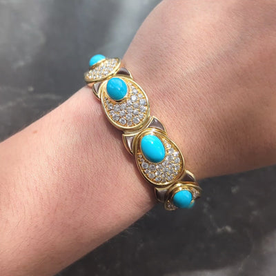 Marina B. 1984 French Diamond Turquoise Abalone 18K Gold Vintage Cuff Bracelet