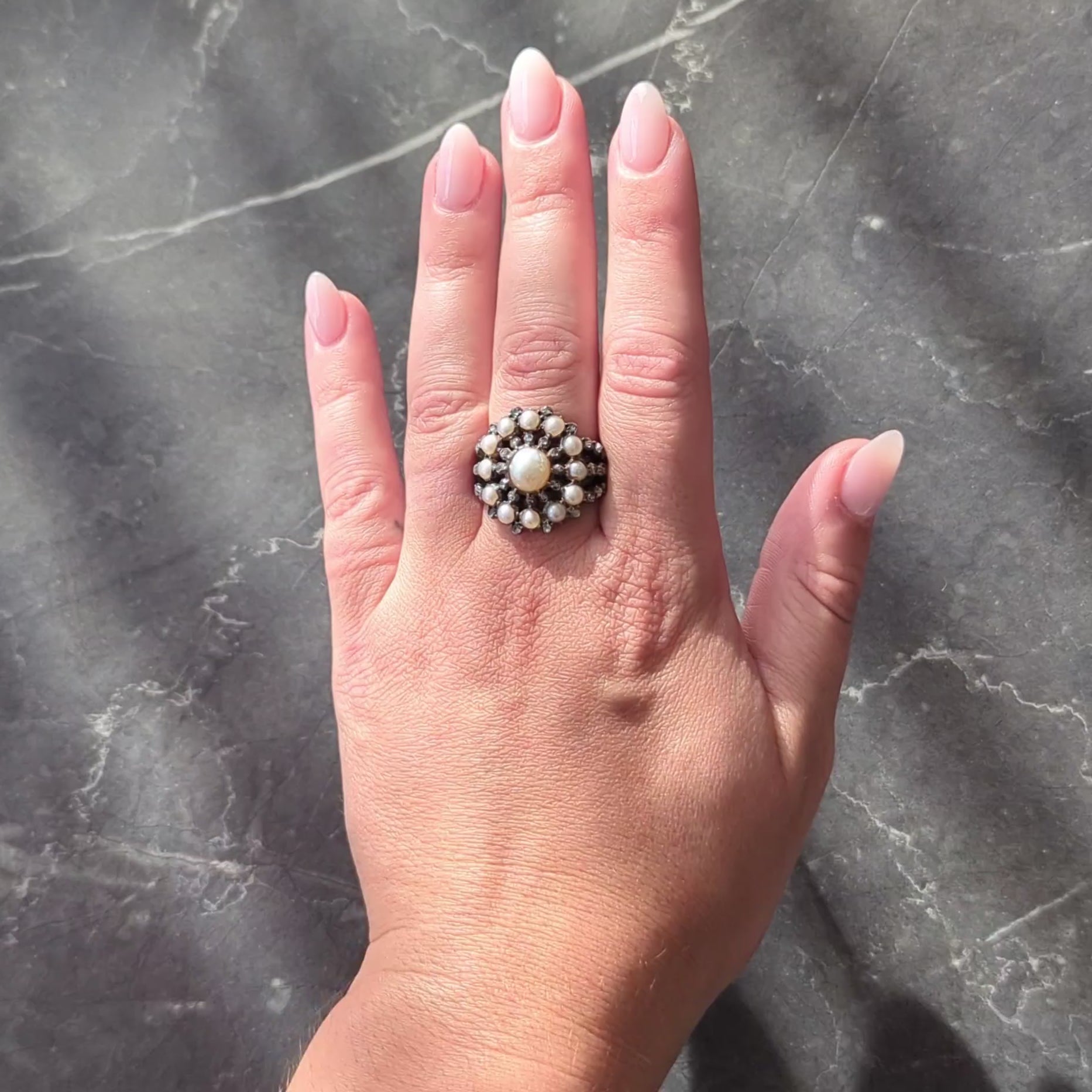 Victorian Diamond Pearl Sterling Silver 12 Karat Gold Antique Radial Burst Ring