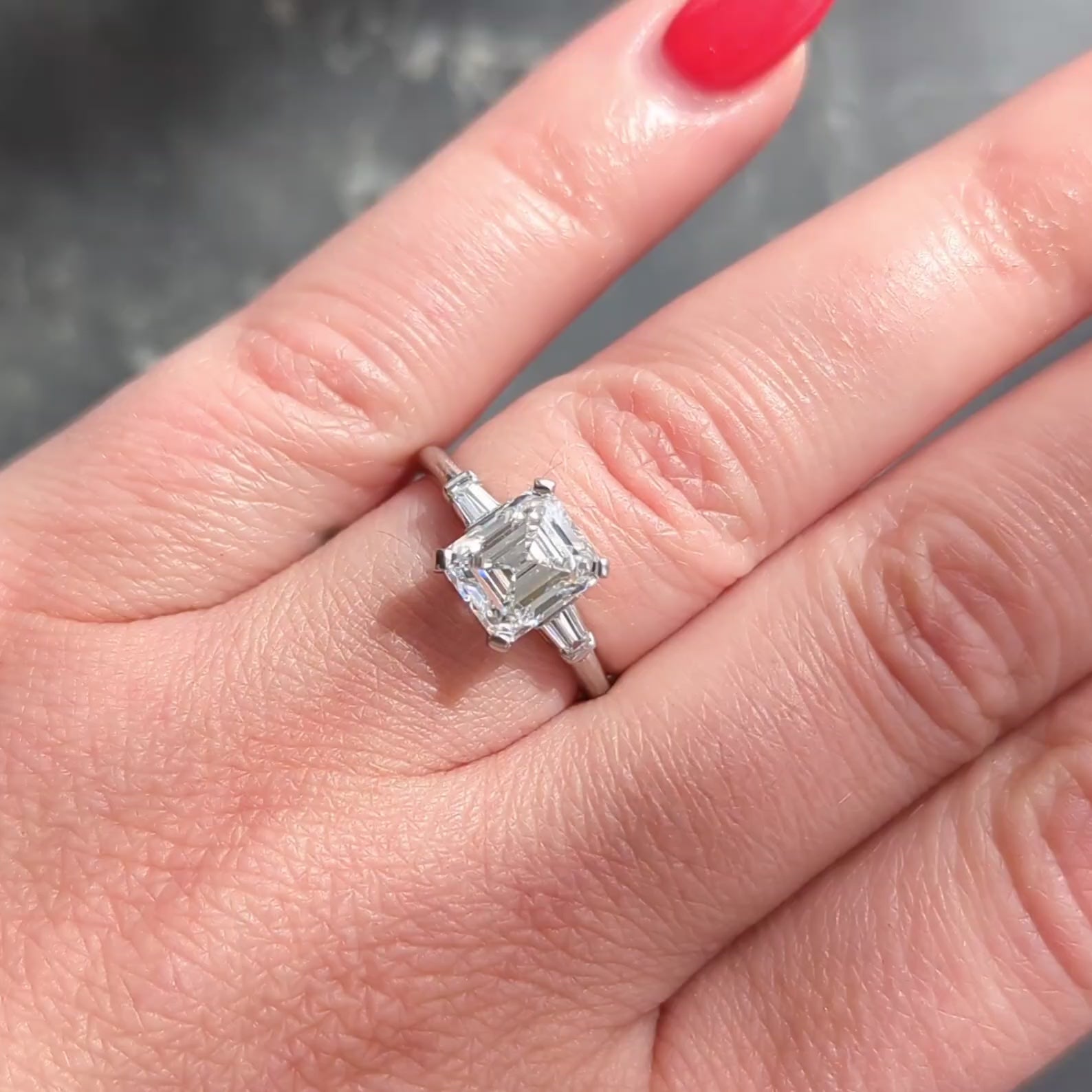 Mid-Century Emerald Cut Diamond Platinum Three Stone Vintage Engagement Ring