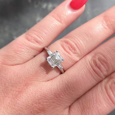 Mid-Century Emerald Cut Diamond Platinum Three Stone Vintage Engagement Ring