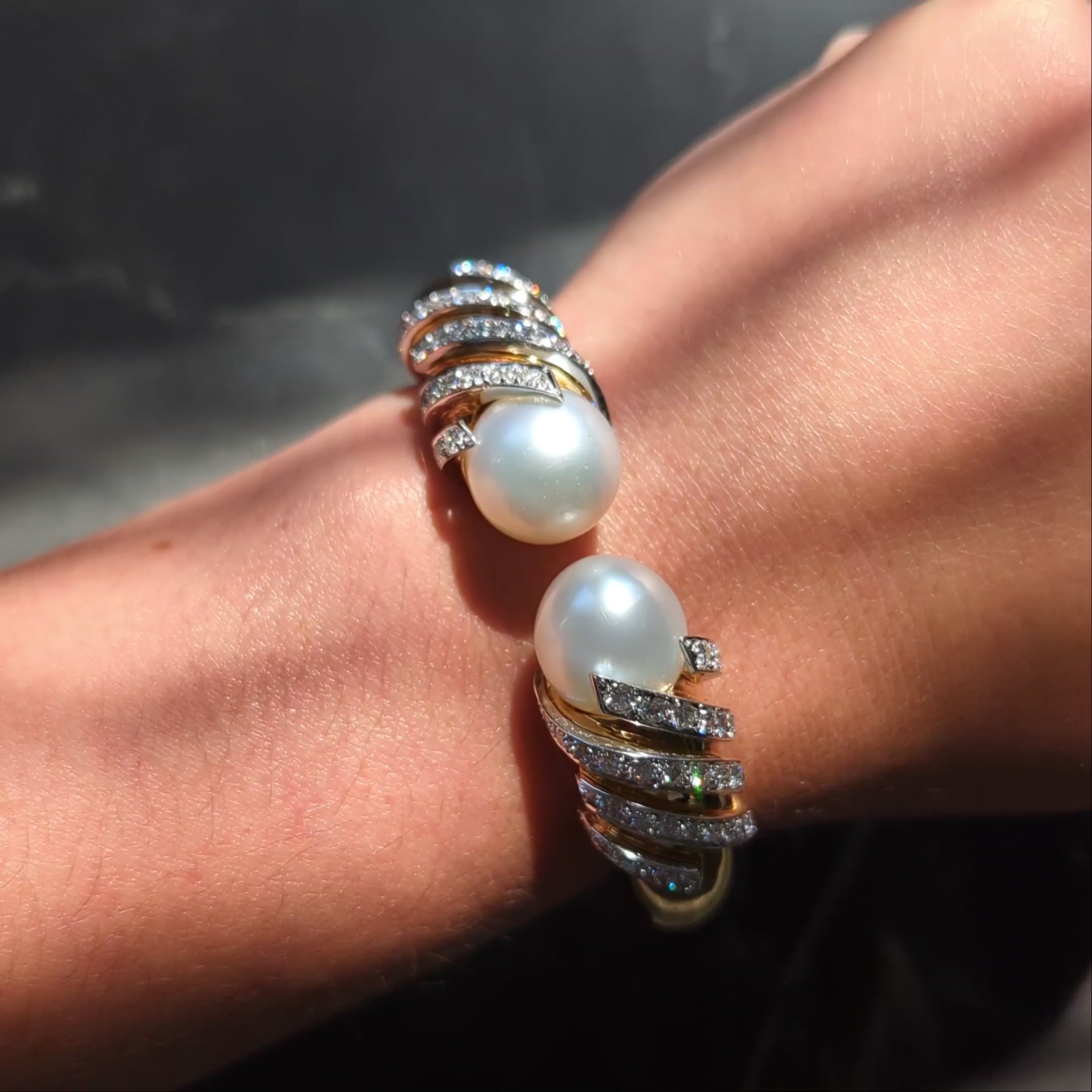 David Webb 1970's Diamond Pearl 18K Gold Platinum Vintage Swirl Cuff Bracelet