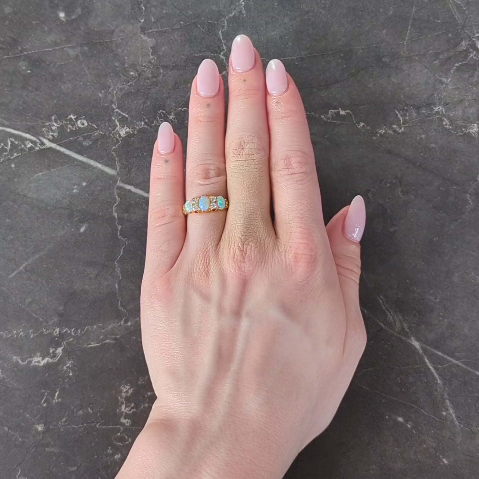 Art Nouveau Opal Diamond 18 Karat Yellow Gold Foliate Antique Band Ring