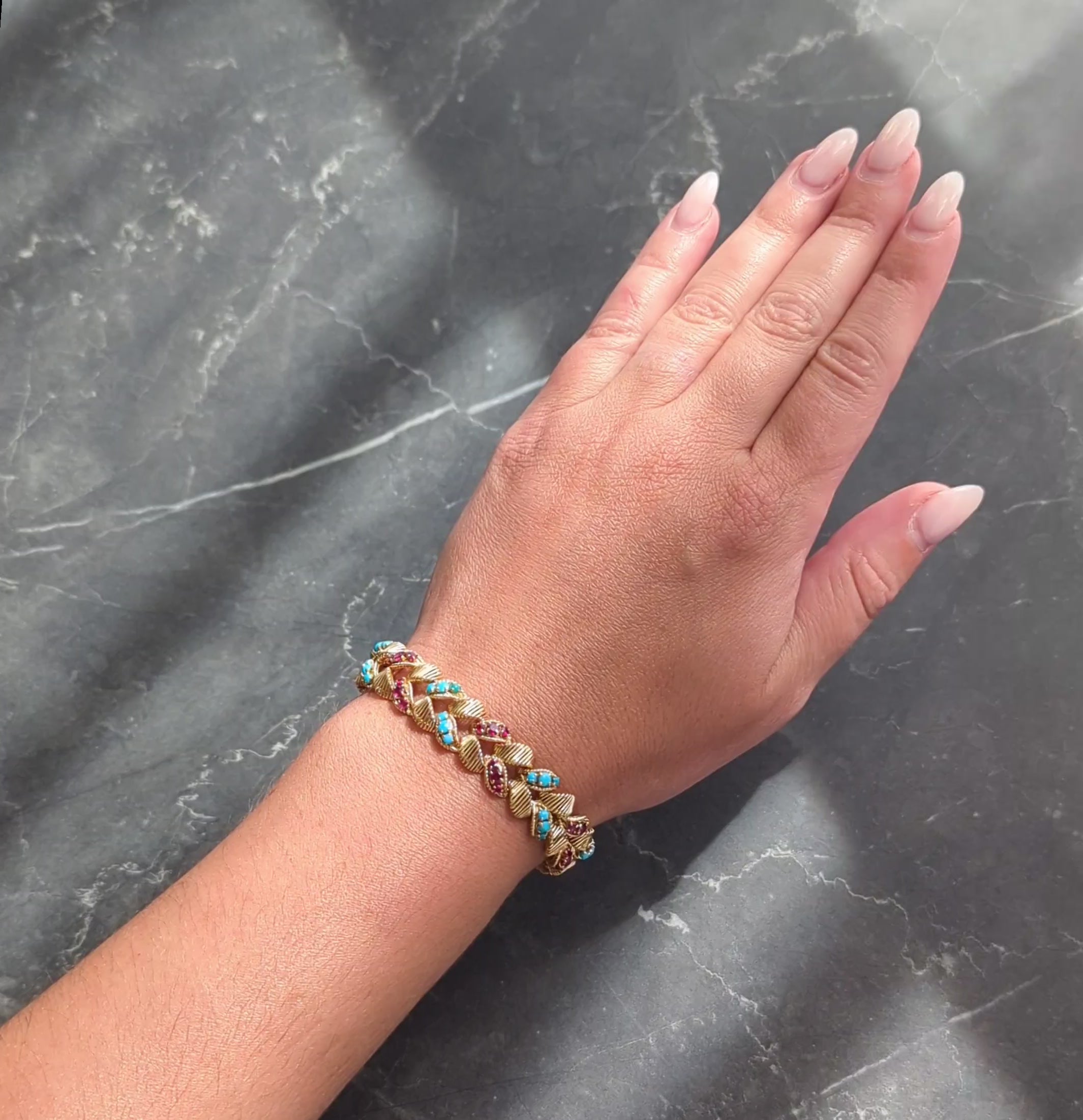 Georges L'Enfant Gubelin 1960 Ruby Turquoise 18K Gold Vintage Wheat Bracelet