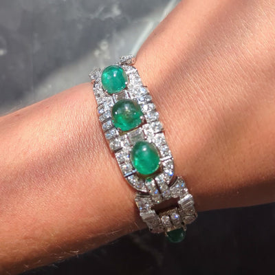 Art Deco 50.70 CTW Emerald Diamond Platinum Vintage Buckle Line Bracelet