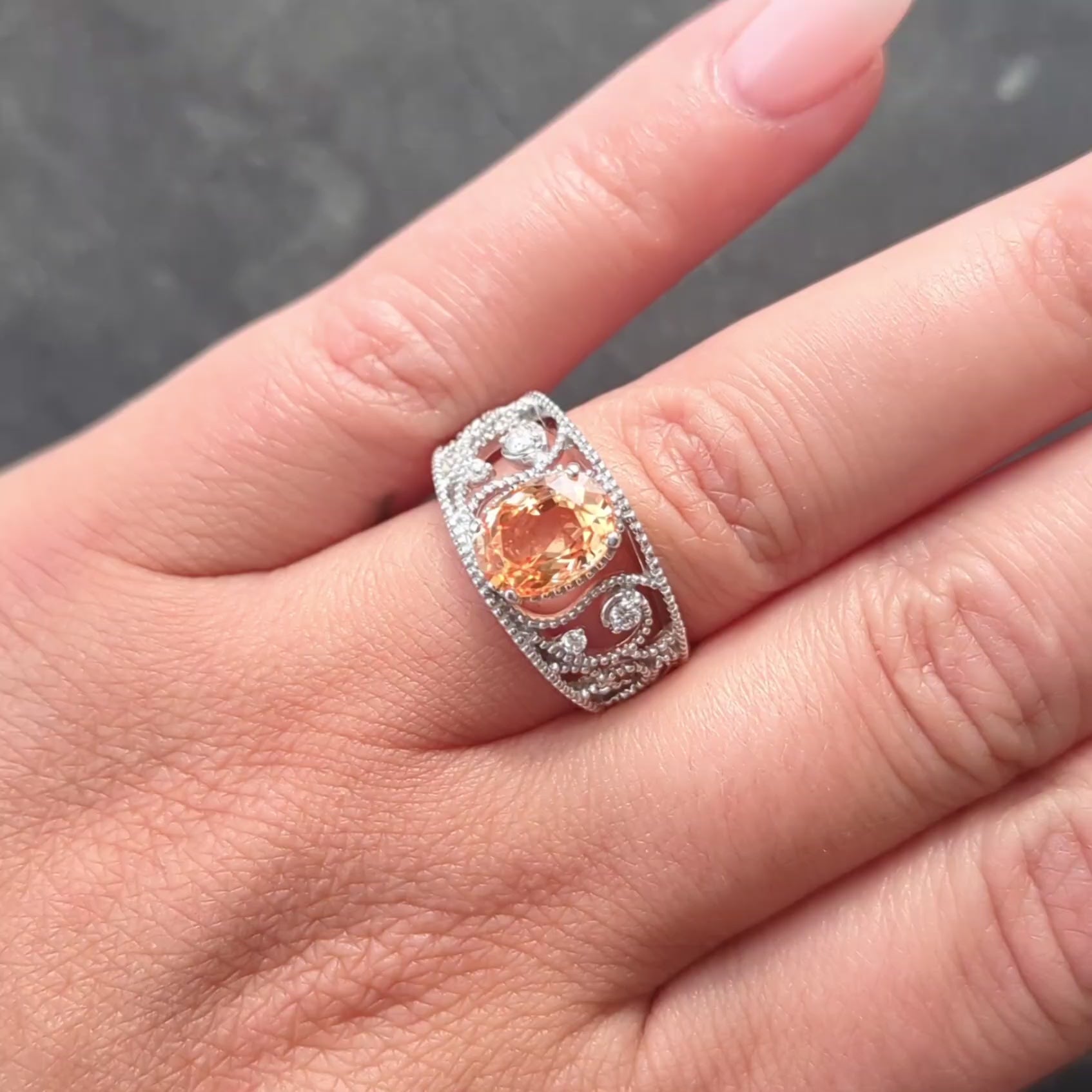 2010's No Heat Ceylon Orange Sapphire 18 Karat White Gold Scrolling Ring GIA
