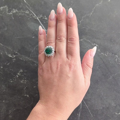 Art Deco Carved Mogul Emerald Diamond Platinum 18K Gold Antique Halo Ring