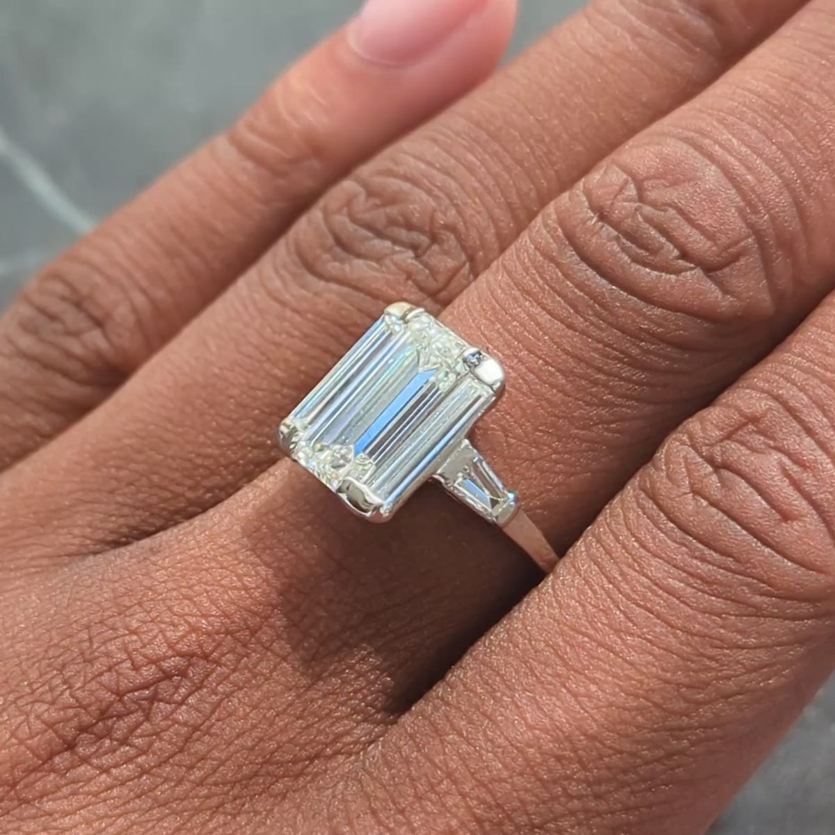 Vintage 4.25 CTW Elongated Emerald Cut Diamond Platinum Engagement Ring GIA