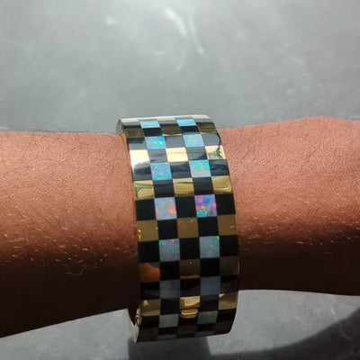 Tiffany & Co. 1980's Opal Onyx 18K Gold Vintage Wide Checkerboard Bracelet