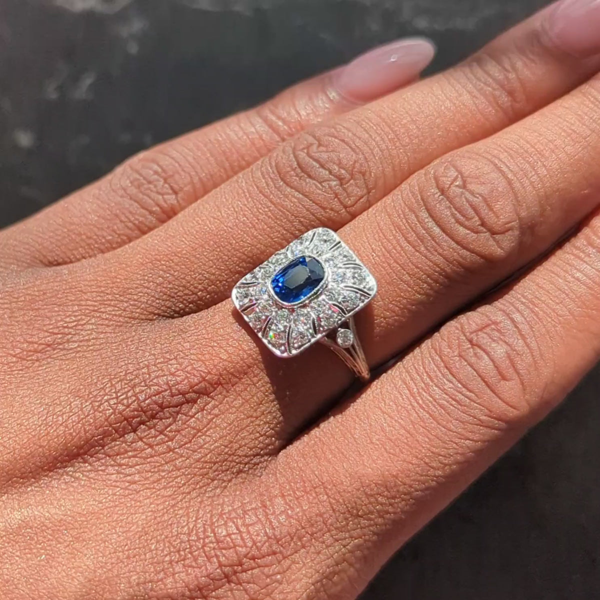 Edwardian Sapphire Diamond Platinum Scrolling Filigree Antique Dinner Ring