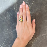 Arts & Crafts 3.73 CTW Ruby Emerald Sapphire Diamond 18 Karat Yellow Gold Antique Navette Ring