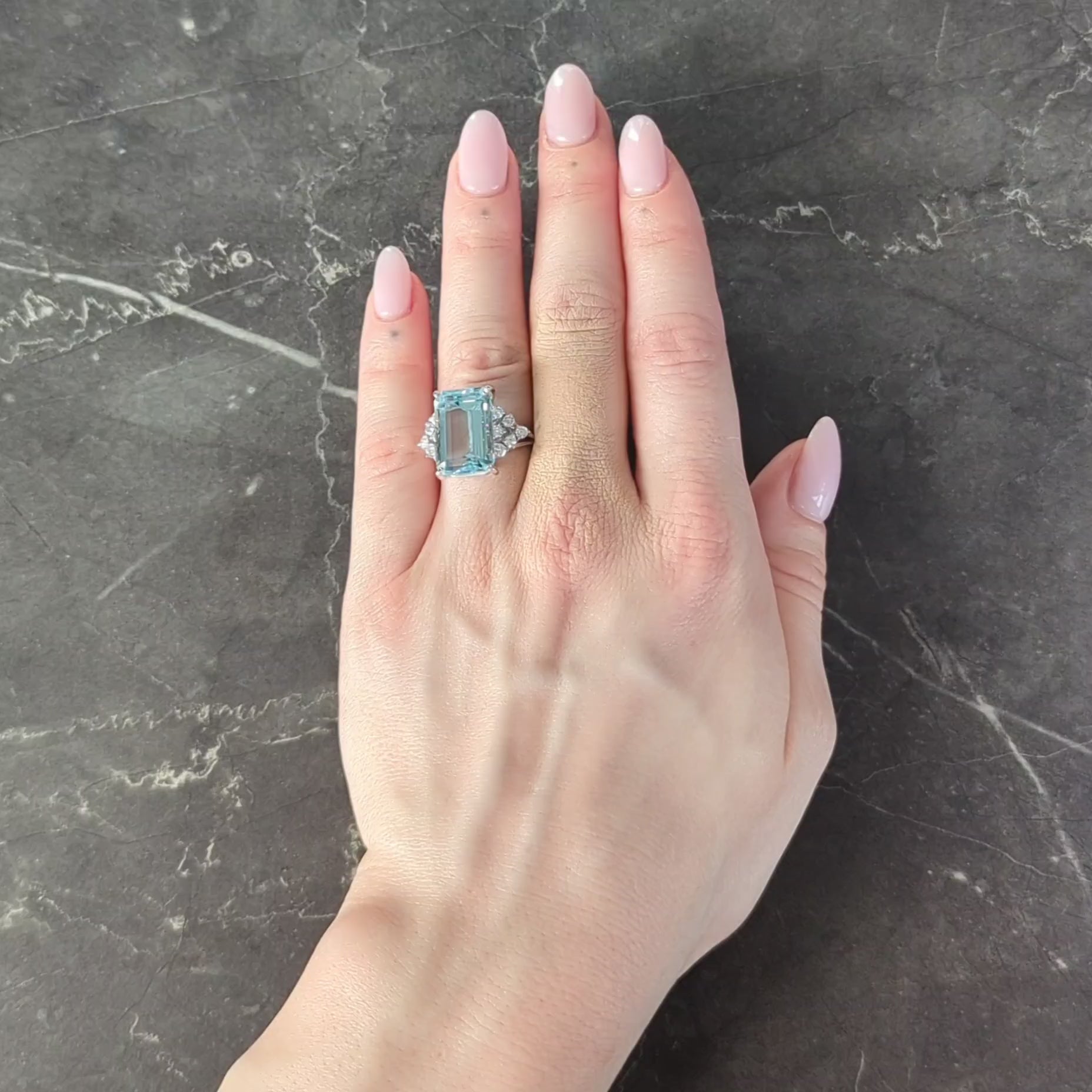 Mid-Century 9.60 CTW Aquamarine Diamond 18 Karat Gold Vintage Cocktail Ring