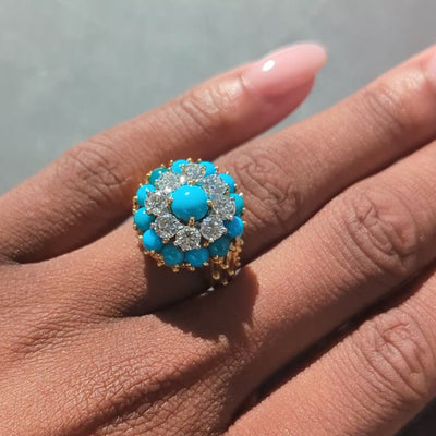 Cartier Paris 1960's Turquoise Diamond Platinum 18K Gold Vintage Cluster Ring