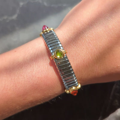 Bulgari 1980's Multi-Gem 18K Yellow Gold Steel Vintage Tubogas Cuff Bracelet