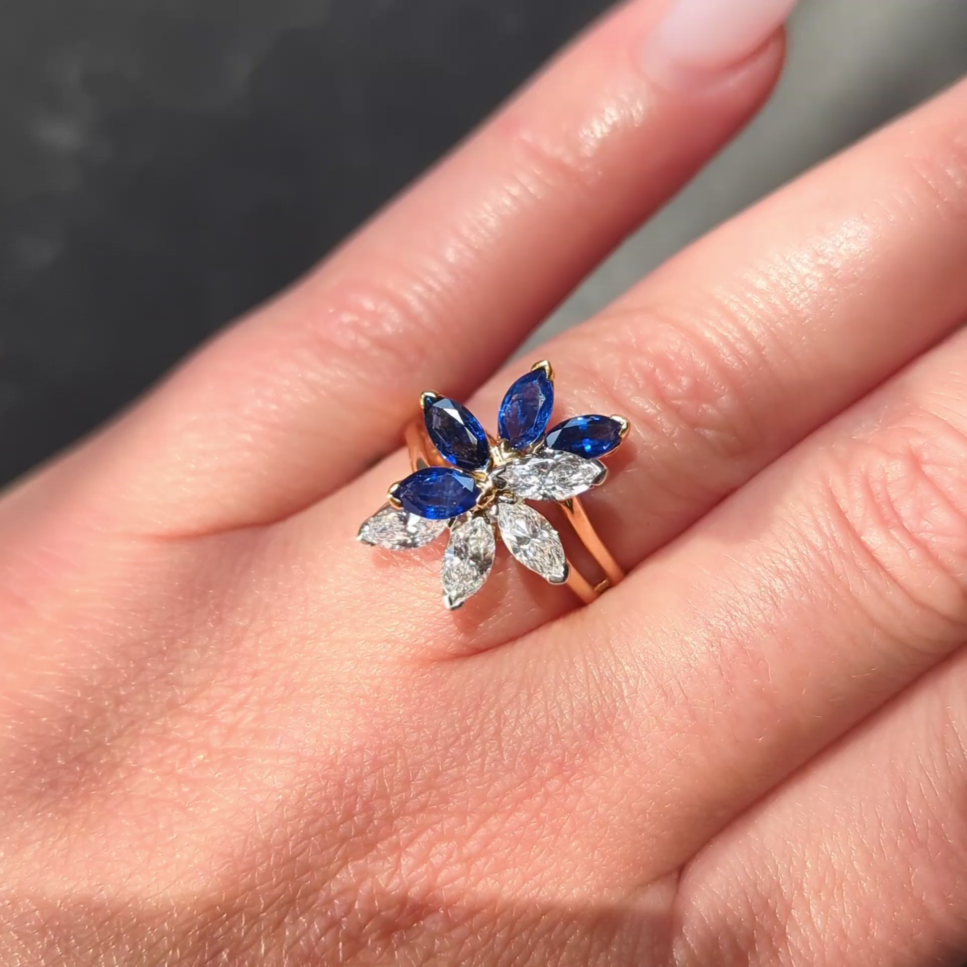 1980's Sapphire Diamond 18 Karat Yellow Gold Platinum Vintage Cluster Ring