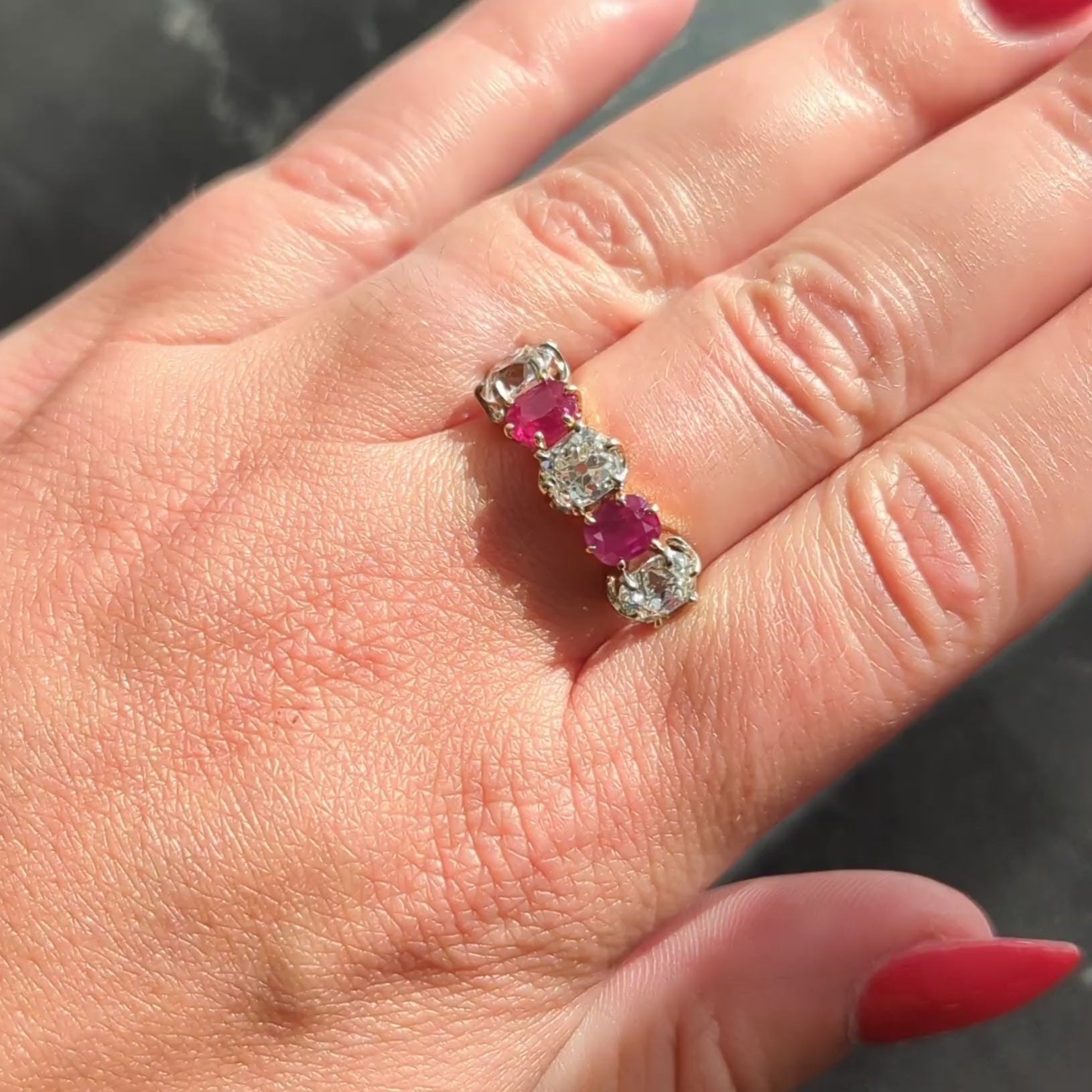 Victorian 3.62 CTW Ruby Old Mine Cut Diamond 14K Gold Antique Band Ring