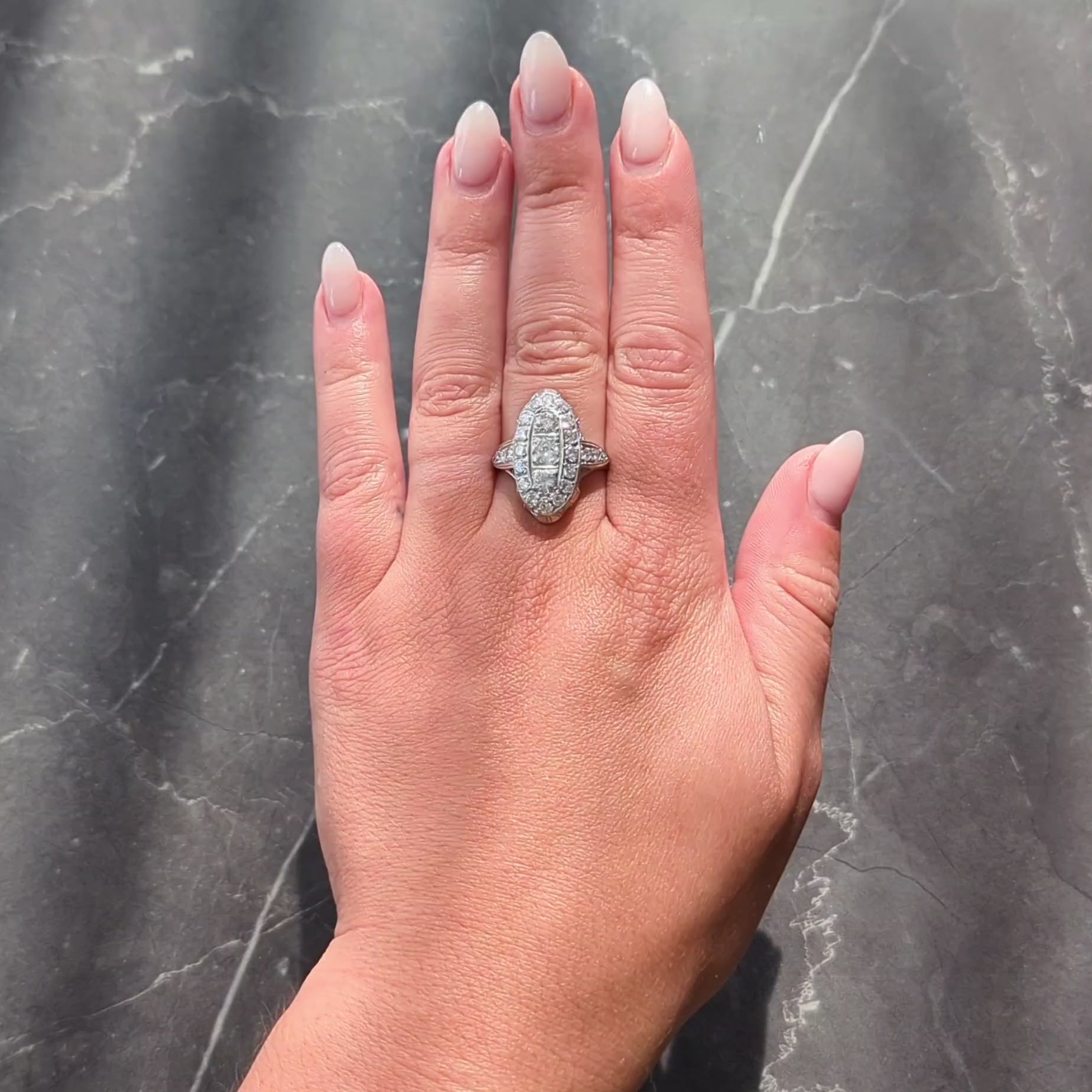 Edwardian 2.68 CTW Diamond Platinum Antique Scrolling Navette Dinner Ring