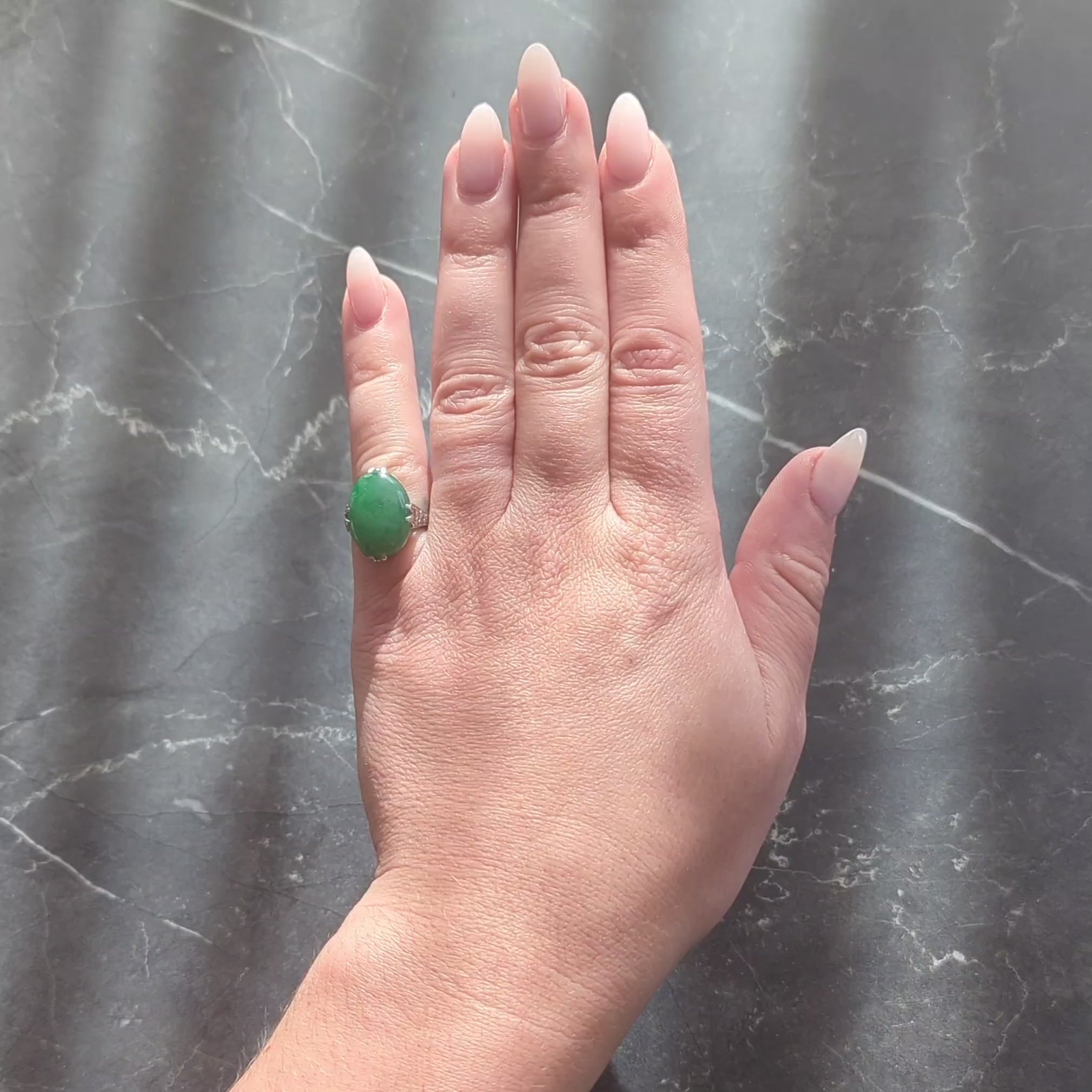 Art Deco Jade Cabochon Platinum Vintage Orange Blossom Gemstone Ring