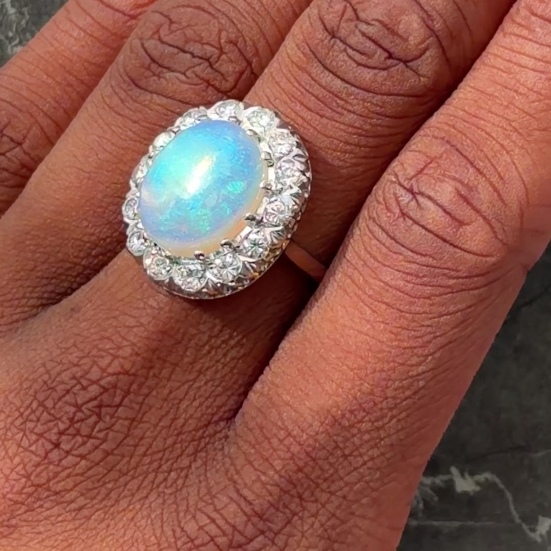 Mid-Century Jelly Opal Diamond 14 Karat White Gold Vintage Halo Ring