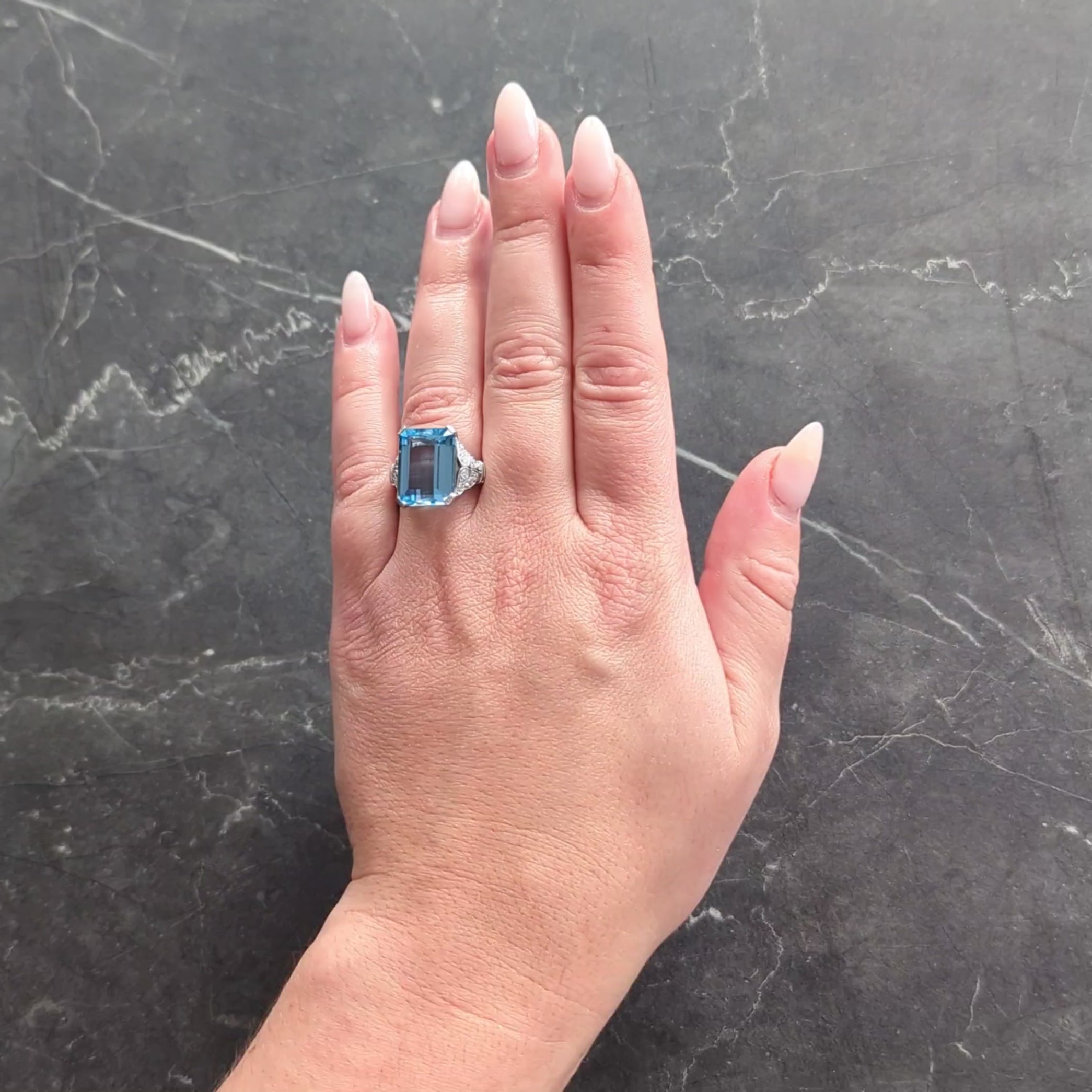 Tiffany & Co. Art Deco Aquamarine Diamond Platinum Vintage Scroll Cocktail Ring